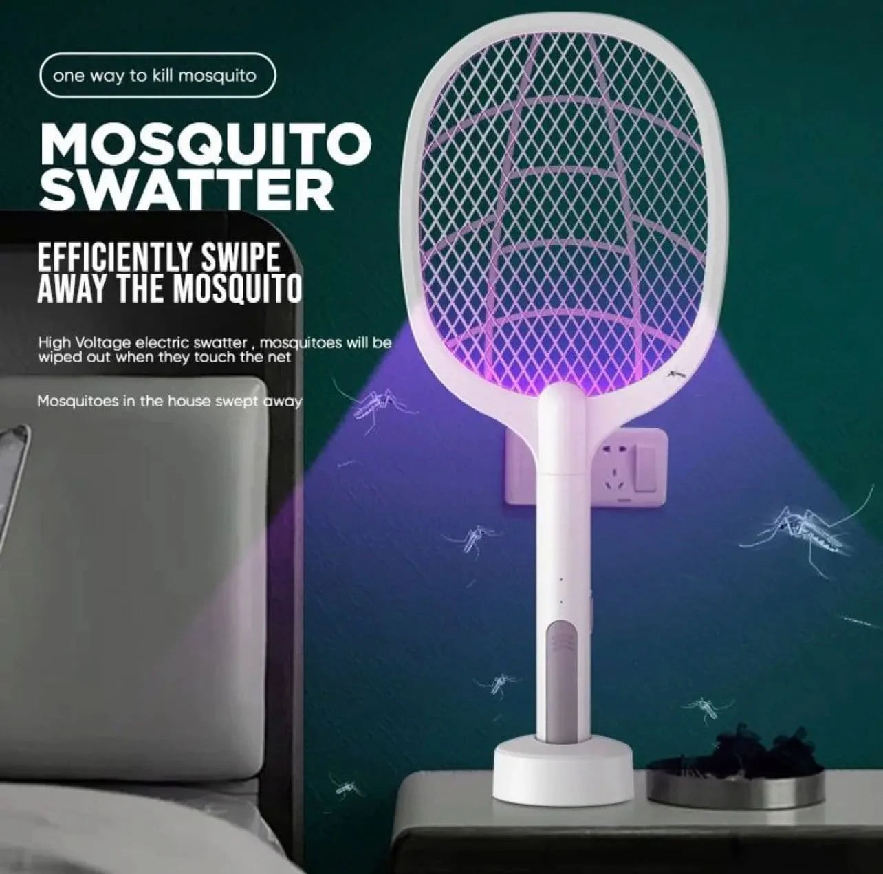Rechargeable Mosquito Killer Bat with Stand – USB Electric Insect Zapper & Fly Swatter (Random Color)