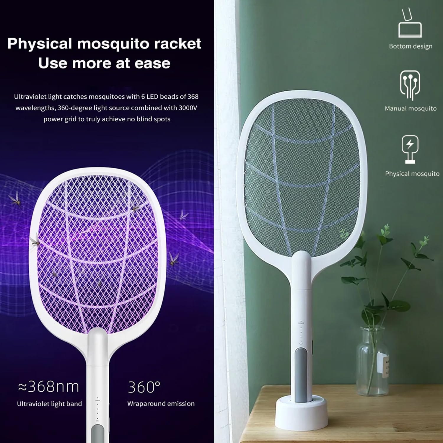 Rechargeable Mosquito Killer Bat with Stand – USB Electric Insect Zapper & Fly Swatter (Random Color)