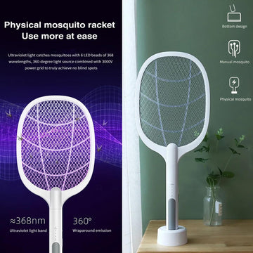 Rechargeable Mosquito Killer Bat with Stand – USB Electric Insect Zapper & Fly Swatter (Random Color)