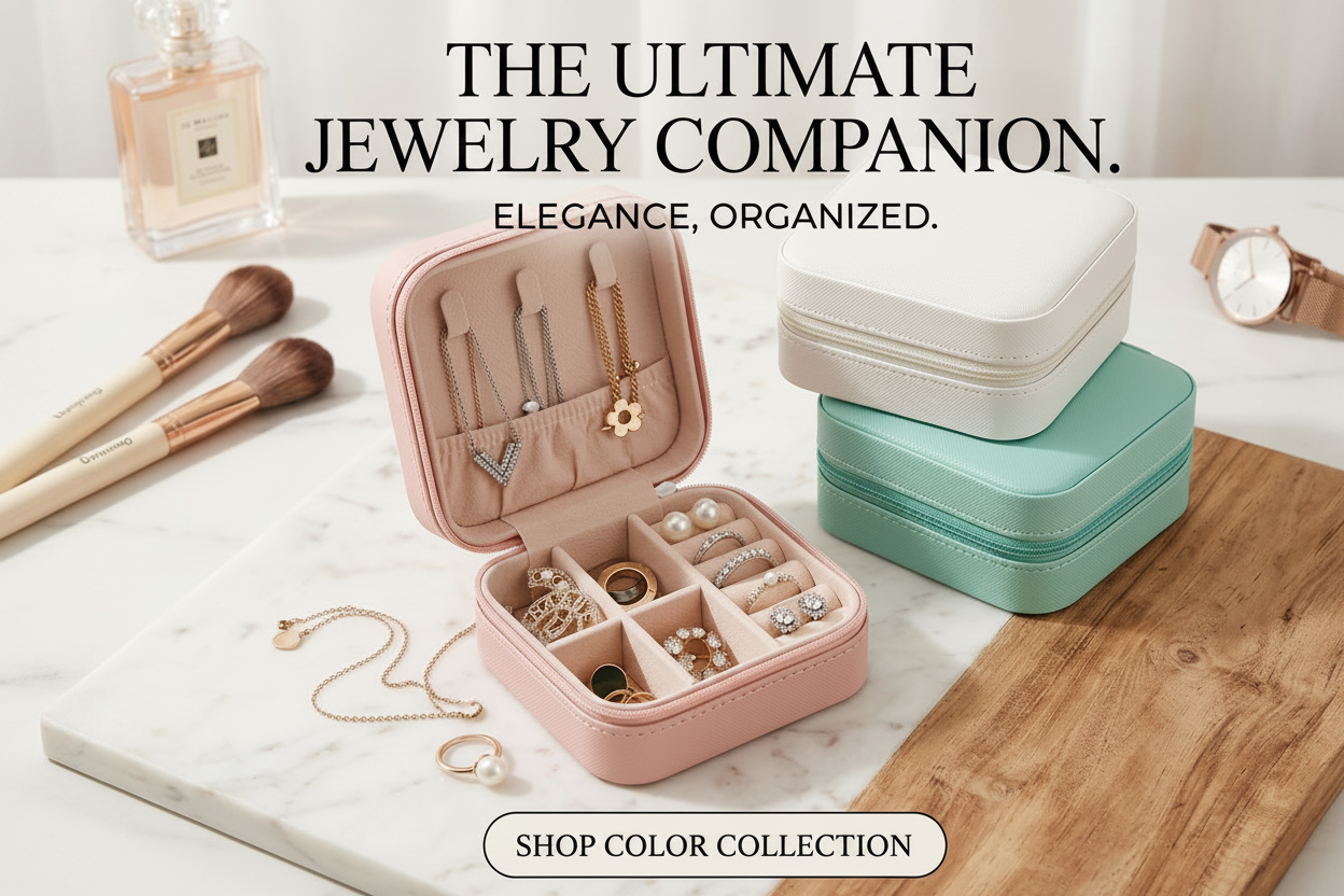 Pink jewelry organizer with jewelry on a wooden surface, surrounded by makeup brushes and a perfume bottle.