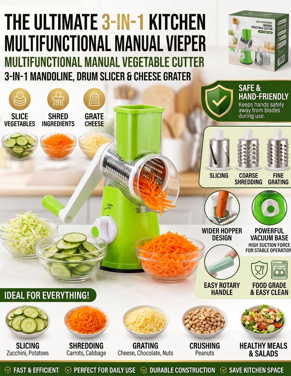 Multifunctional manual kitchen tool with various food items displayed on a white background